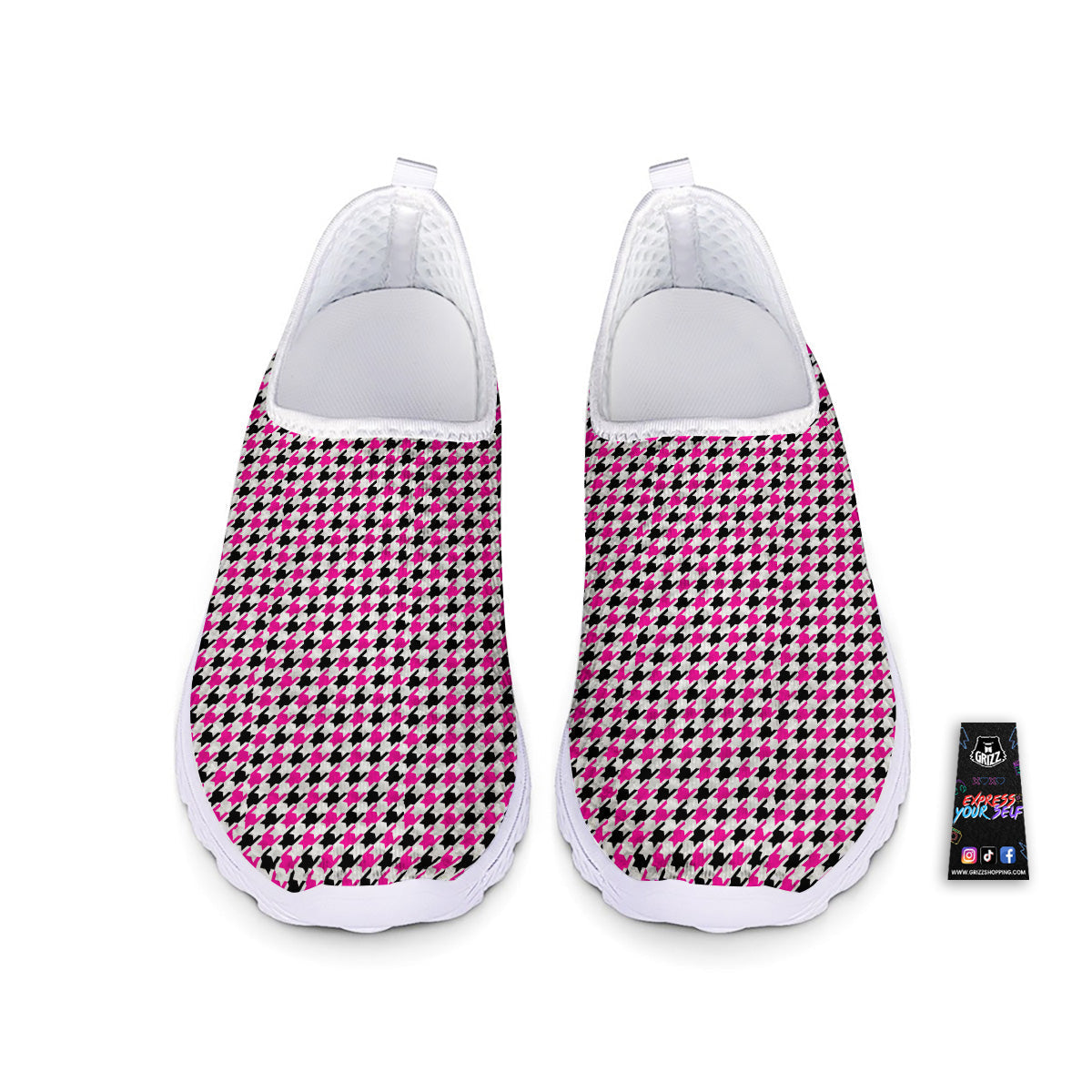 Pink Blac And White Houndstooth Print Nurse Shoes-grizzshop
