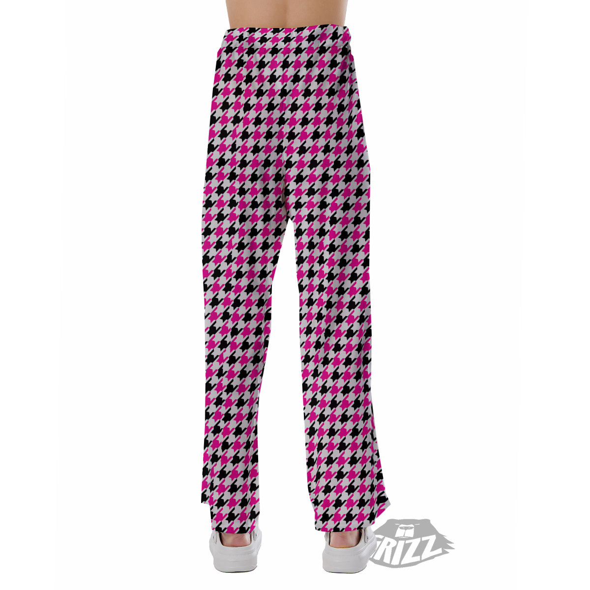 Pink Blac And White Houndstooth Print Pajama Pants-grizzshop