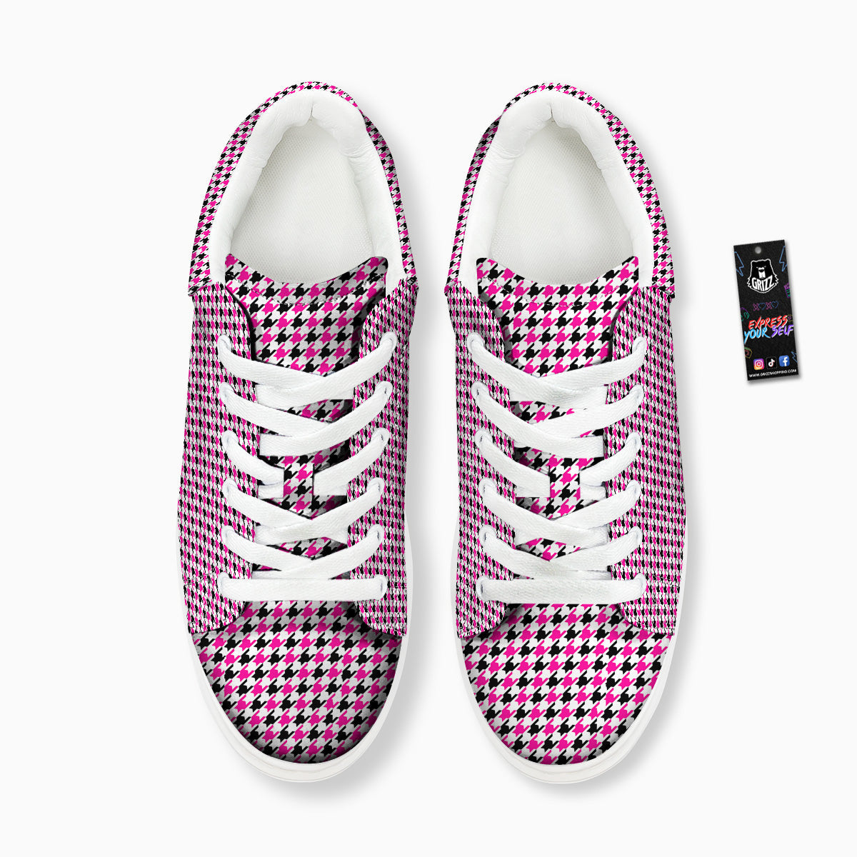 Pink Blac And White Houndstooth Print Platform Shoes-grizzshop