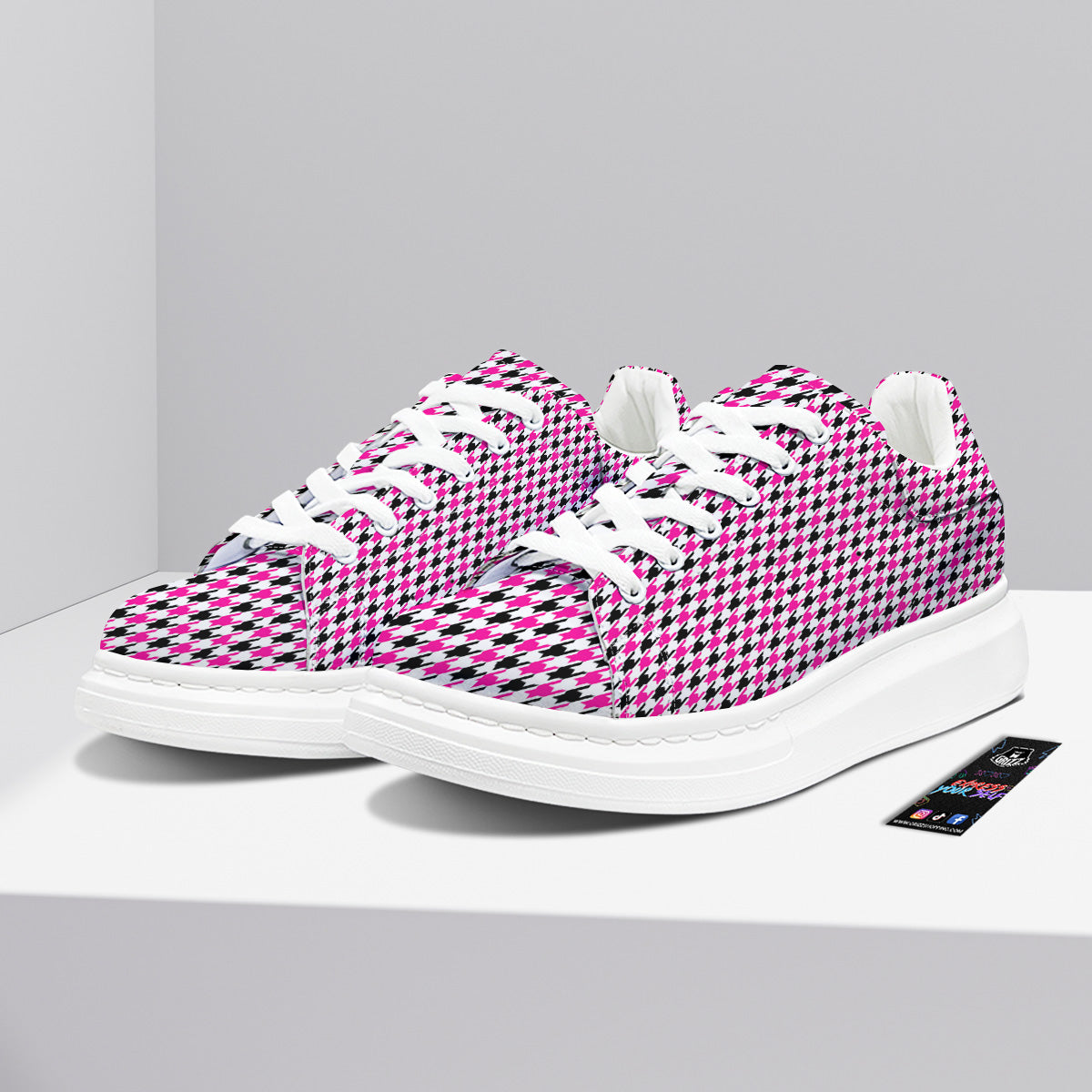 Pink Blac And White Houndstooth Print Platform Shoes-grizzshop