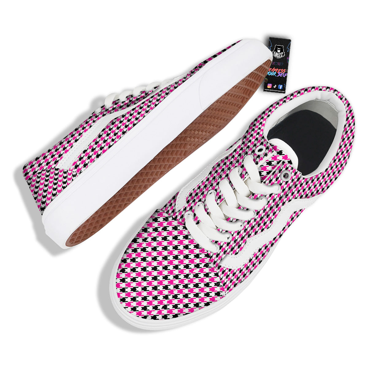 Pink Blac And White Houndstooth Print Skate Shoes-grizzshop