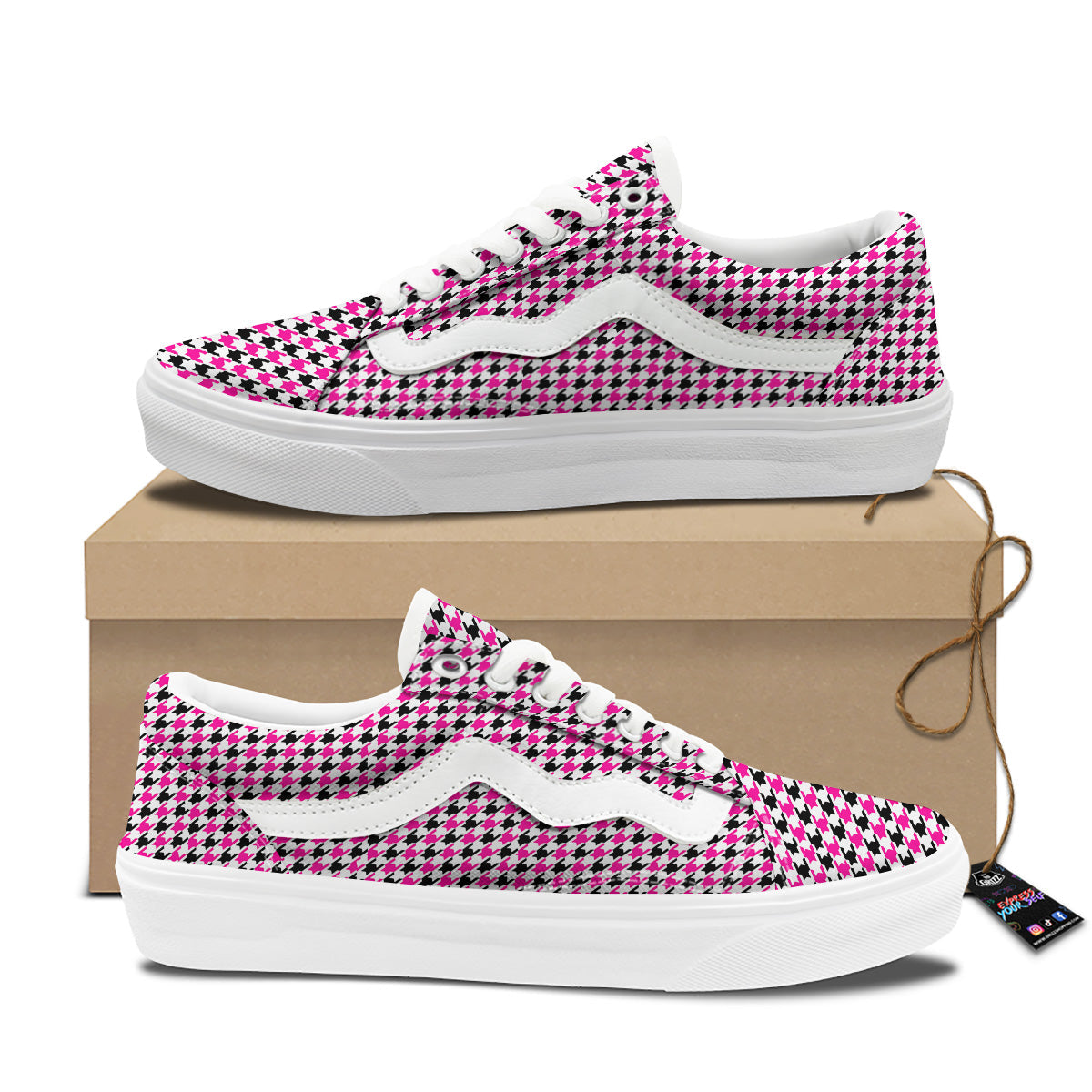 Pink Blac And White Houndstooth Print Skate Shoes-grizzshop