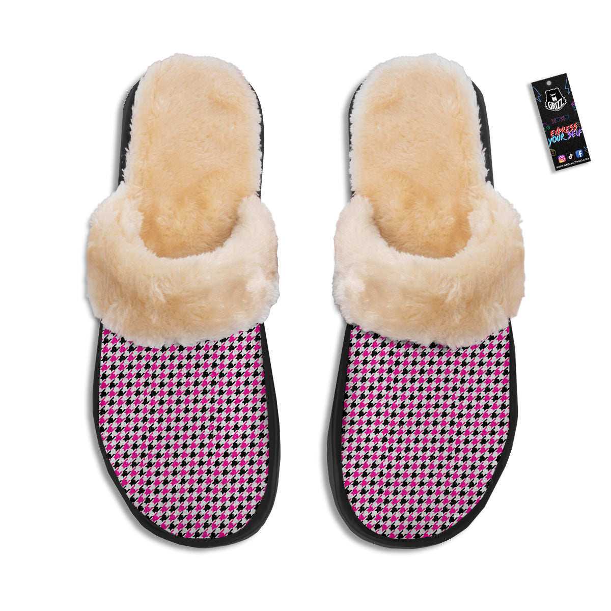 Pink Blac And White Houndstooth Print Slippers-grizzshop