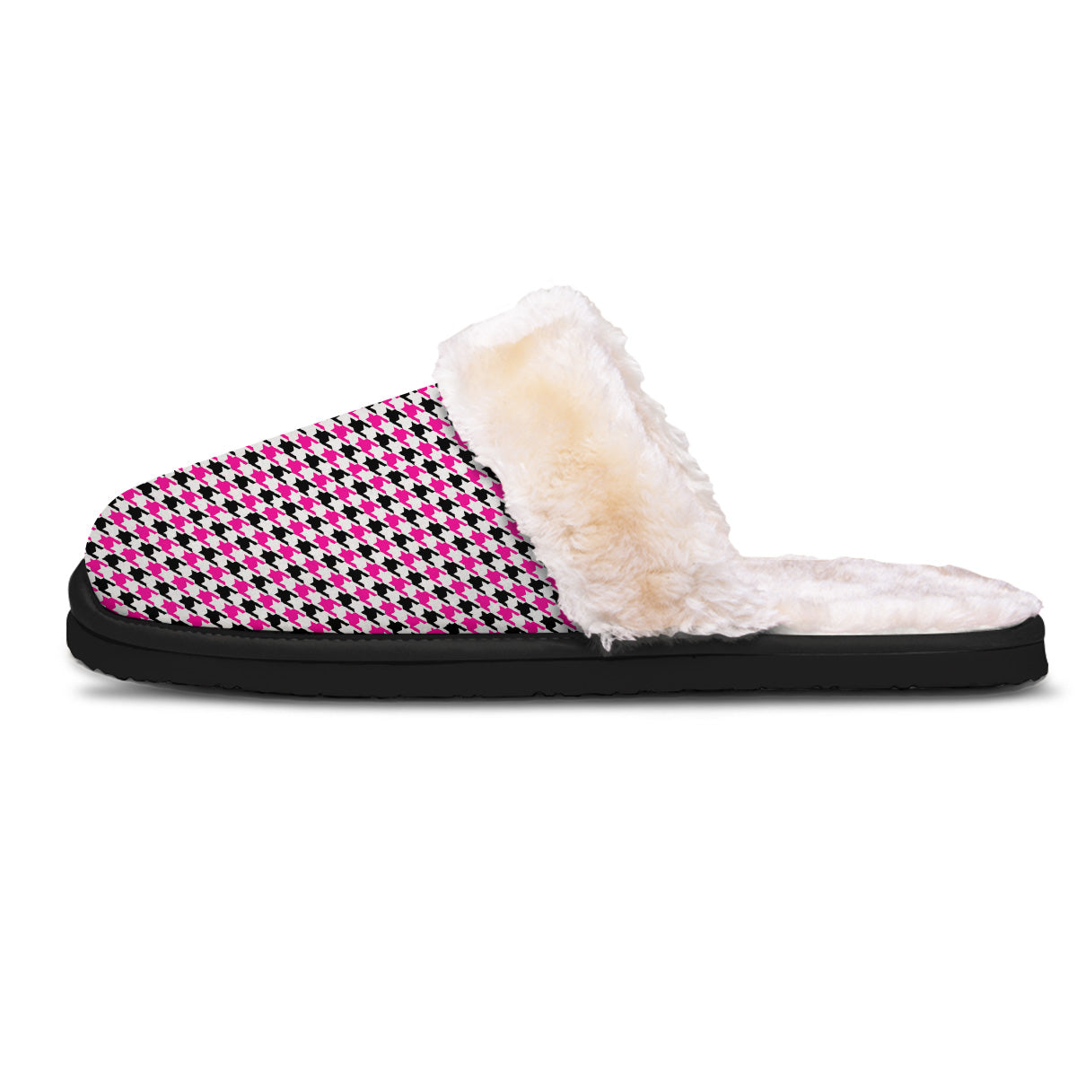 Pink Blac And White Houndstooth Print Slippers-grizzshop