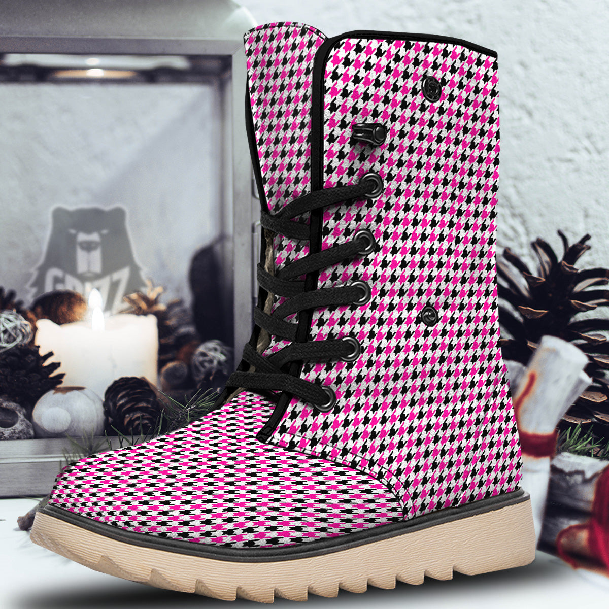 Pink Blac And White Houndstooth Print Snow Boots-grizzshop