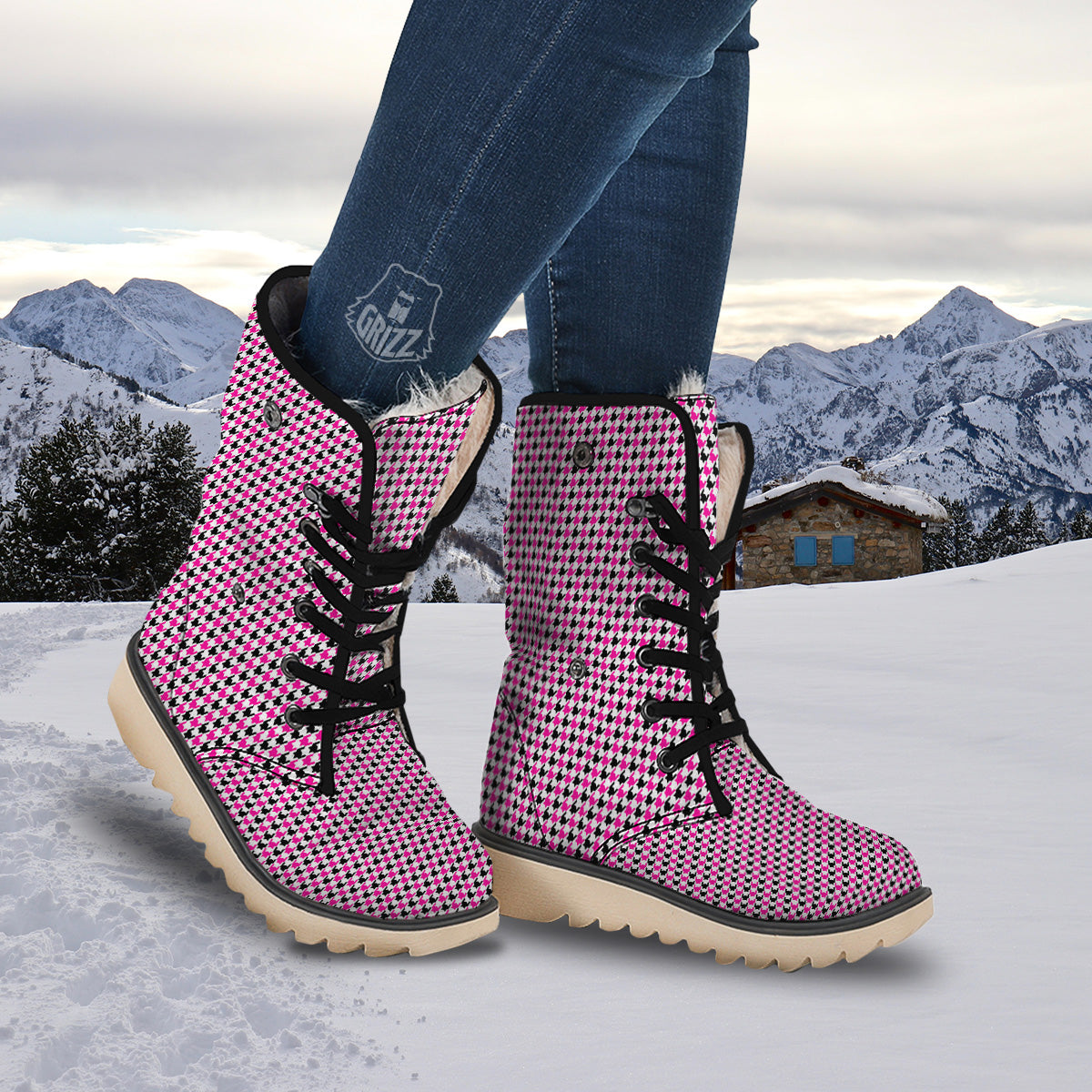 Pink Blac And White Houndstooth Print Snow Boots-grizzshop