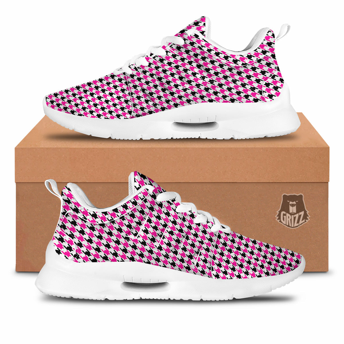 Pink Blac And White Houndstooth Print Tennis Shoes-grizzshop
