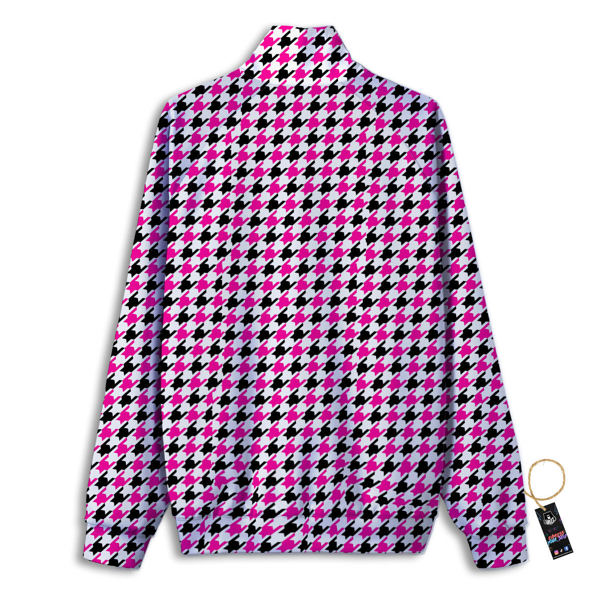 Pink Blac And White Houndstooth Print Track Jacket-grizzshop