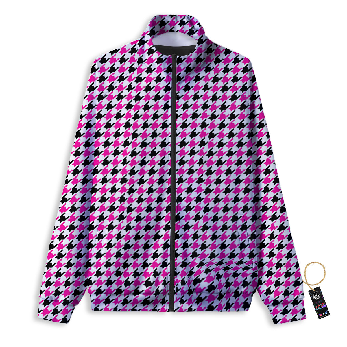 Pink Blac And White Houndstooth Print Track Jacket-grizzshop