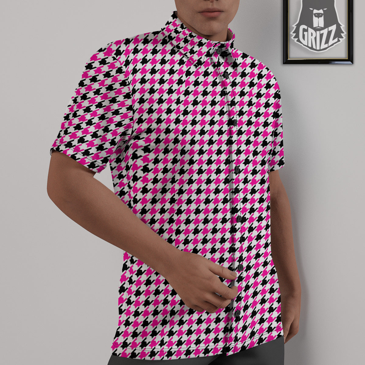 Pink Blac And White Houndstooth Print Untucked Shirts-grizzshop