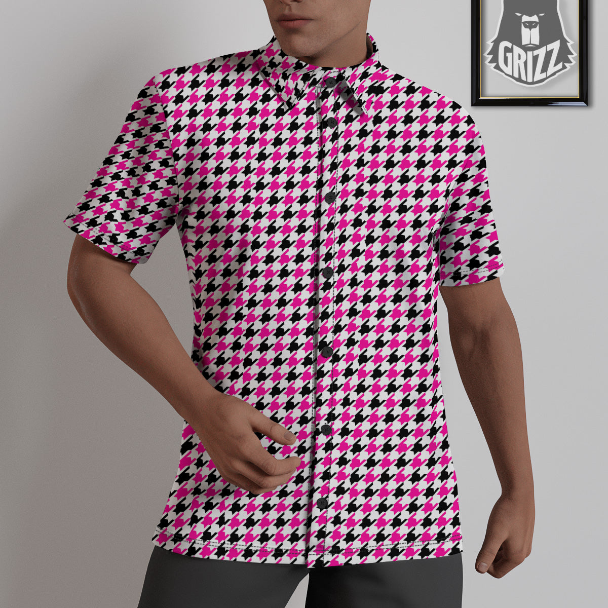Pink Blac And White Houndstooth Print Untucked Shirts-grizzshop