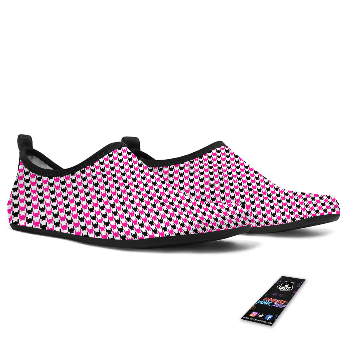 Pink Blac And White Houndstooth Print Water Shoes-grizzshop