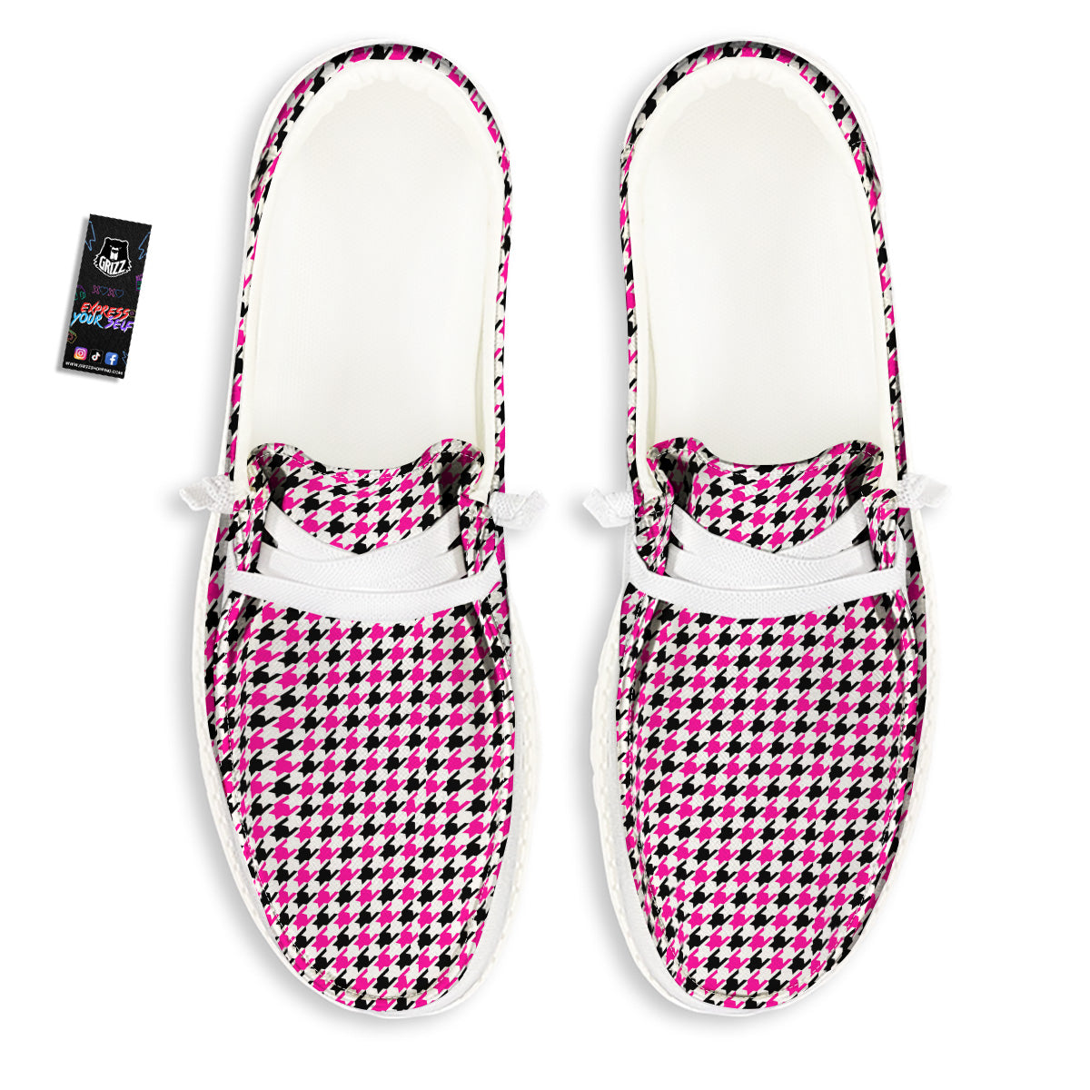 Pink Blac And White Houndstooth Print White Loafers-grizzshop