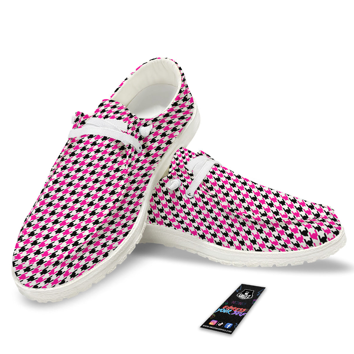 Pink Blac And White Houndstooth Print White Loafers-grizzshop