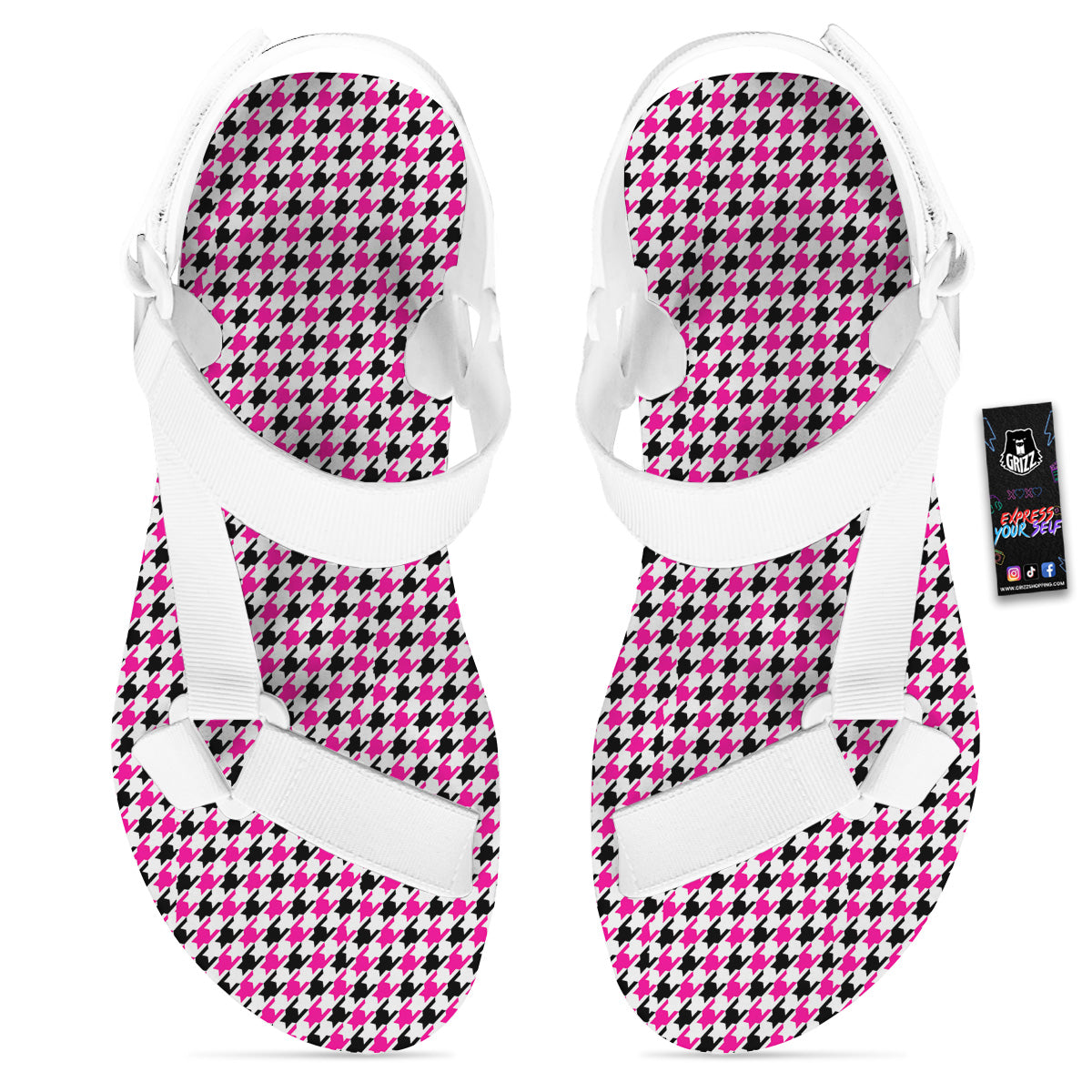 Pink Blac And White Houndstooth Print White Open Toe Sandals-grizzshop
