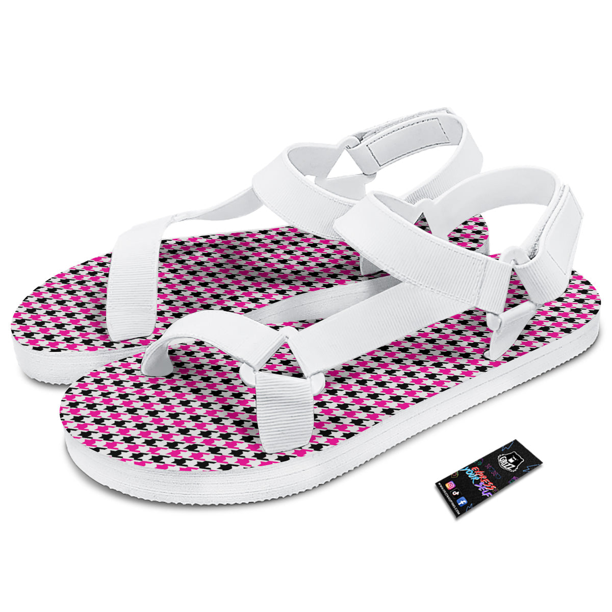 Pink Blac And White Houndstooth Print White Open Toe Sandals-grizzshop