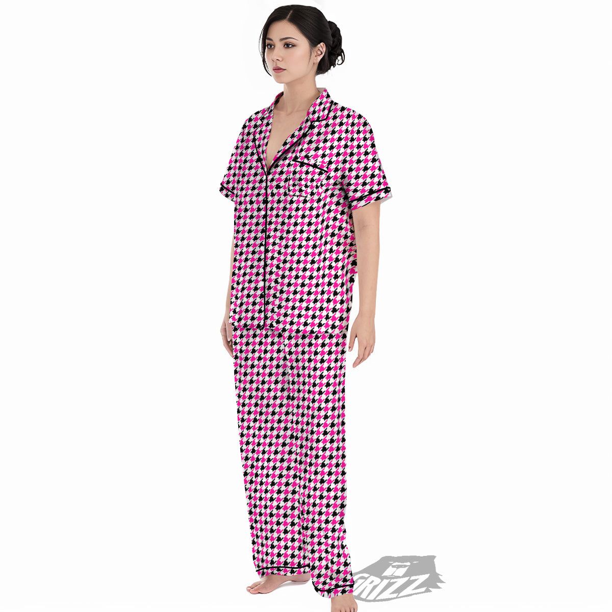 Pink Blac And White Houndstooth Print Women's Pajamas Set-grizzshop