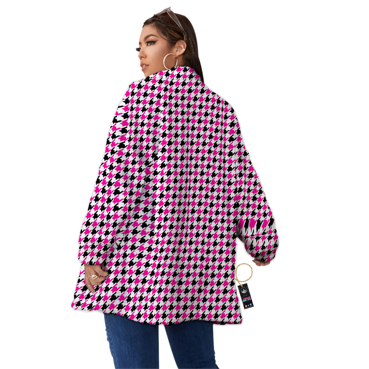 Pink Blac And White Houndstooth Print Women's Sherpa Jacket-grizzshop