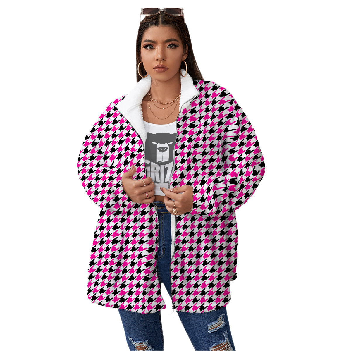 Pink Blac And White Houndstooth Print Women's Sherpa Jacket-grizzshop