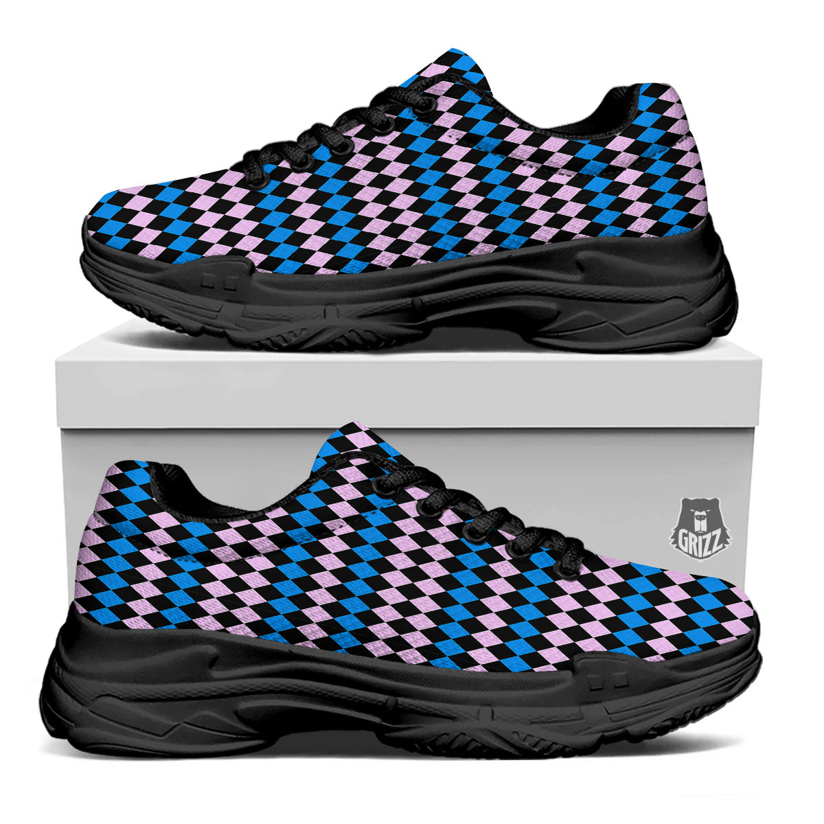 Pink Black And Blue Argyle Print Pattern Black Chunky Shoes-grizzshop