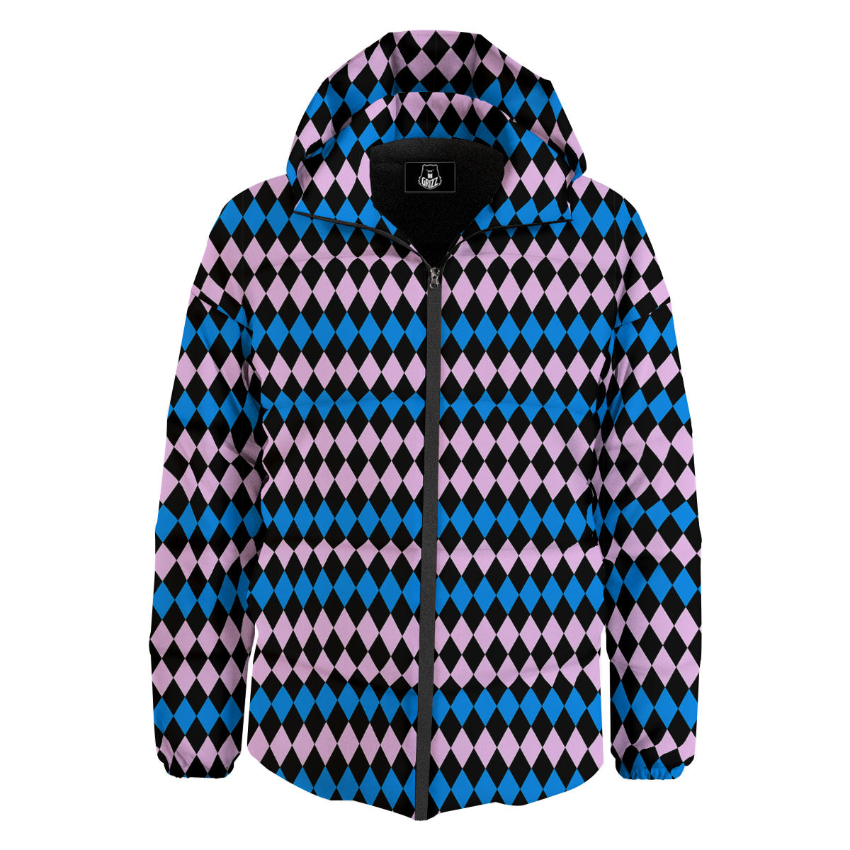 Pink Black And Blue Argyle Print Pattern Down Jacket-grizzshop