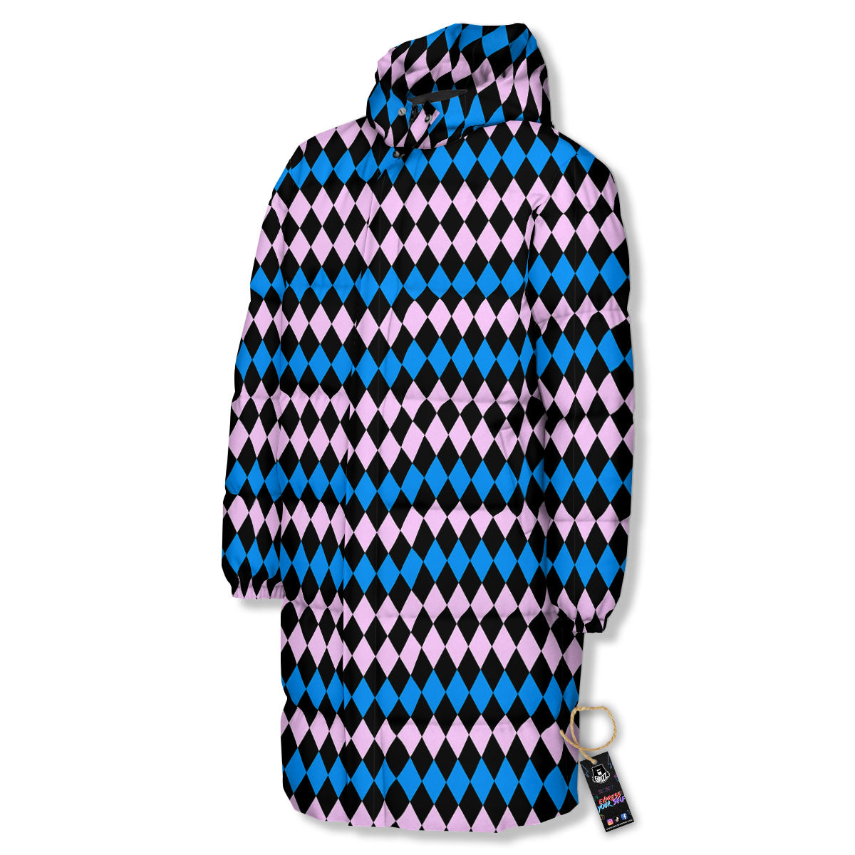 Pink Black And Blue Argyle Print Pattern Long Down Jacket-grizzshop