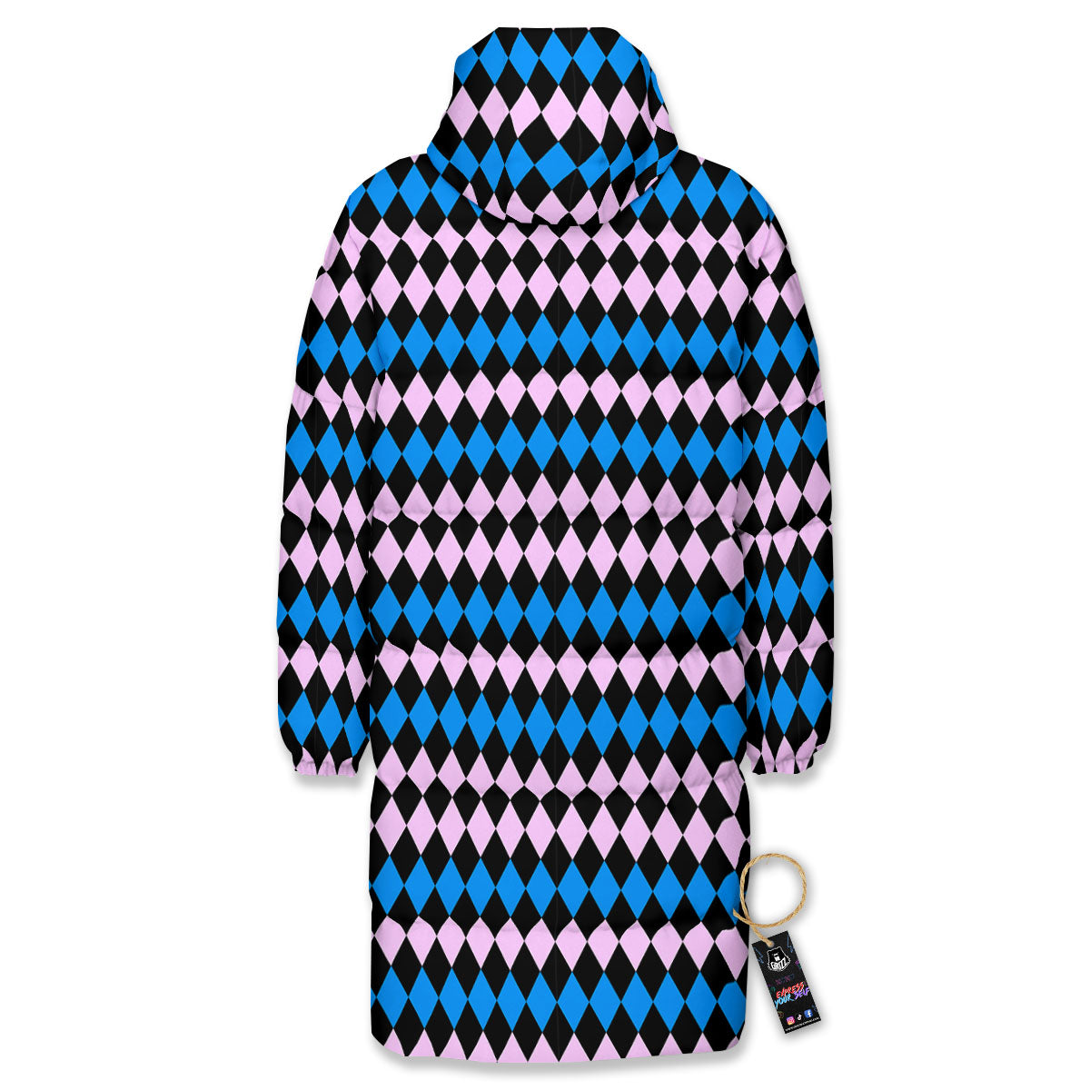 Pink Black And Blue Argyle Print Pattern Long Down Jacket-grizzshop