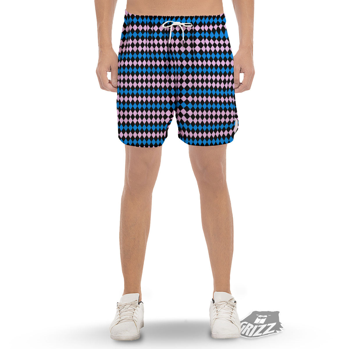 Pink Black And Blue Argyle Print Pattern Men's Gym Shorts-grizzshop