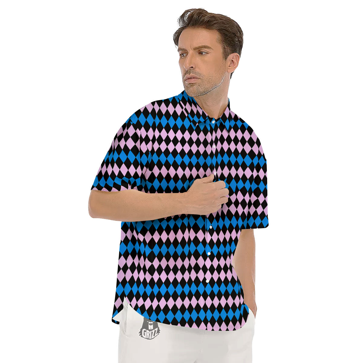 Pink Black And Blue Argyle Print Pattern Men's Short Sleeve Shirts-grizzshop