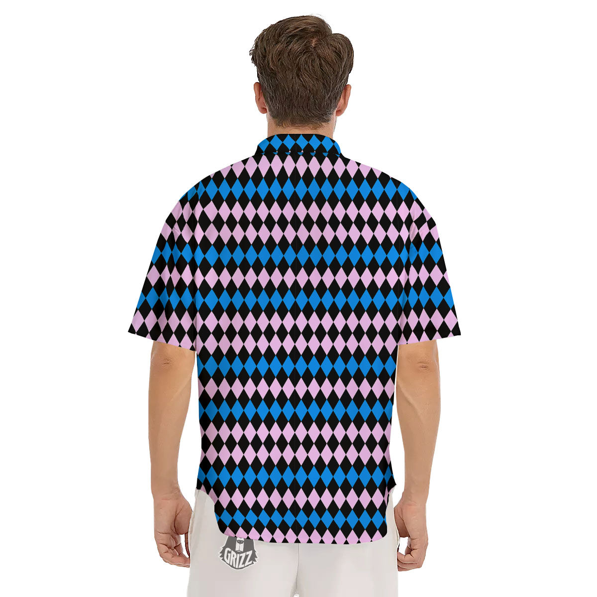 Pink Black And Blue Argyle Print Pattern Men's Short Sleeve Shirts-grizzshop
