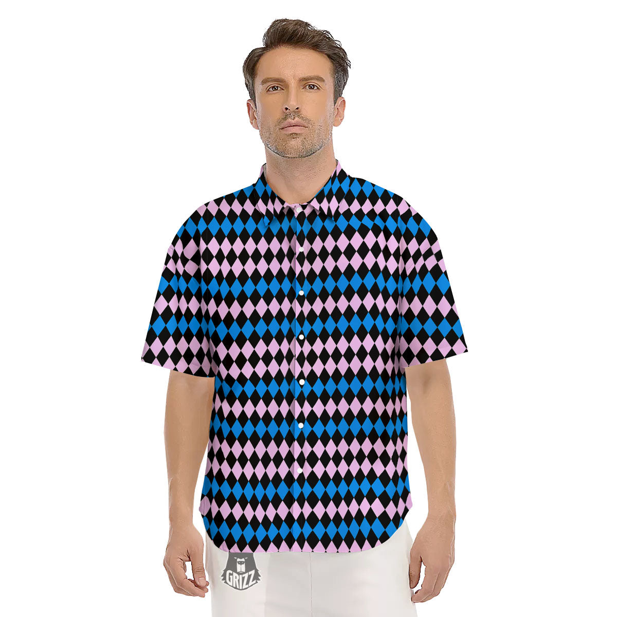 Pink Black And Blue Argyle Print Pattern Men's Short Sleeve Shirts-grizzshop