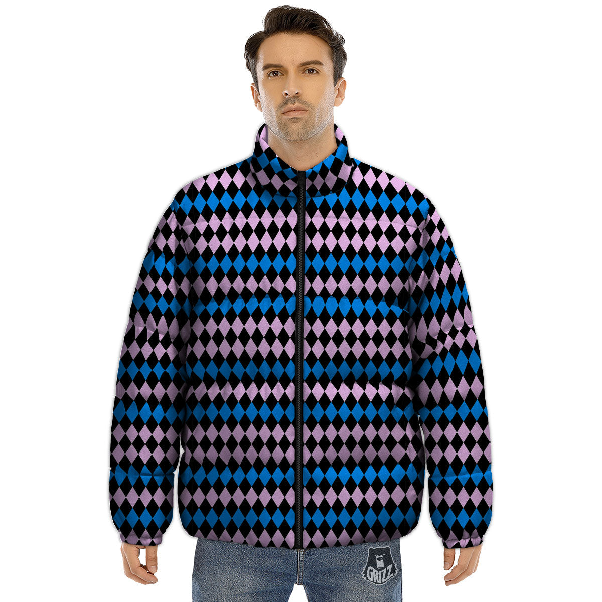 Pink Black And Blue Argyle Print Pattern Puffer Jacket-grizzshop