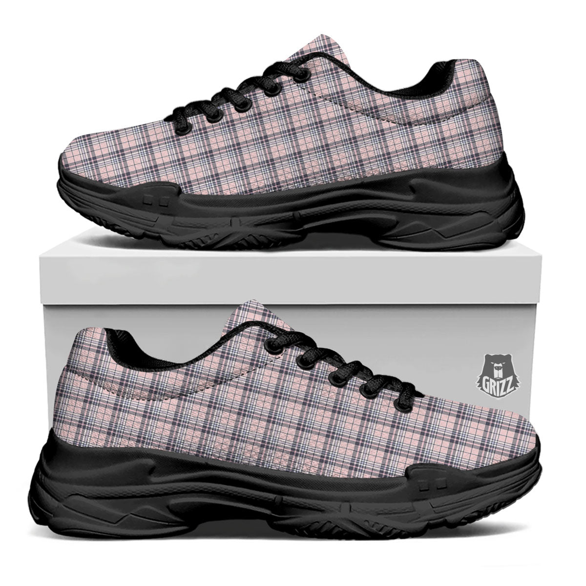Pink Black And Blue Tartan Print Pattern Black Chunky Shoes-grizzshop