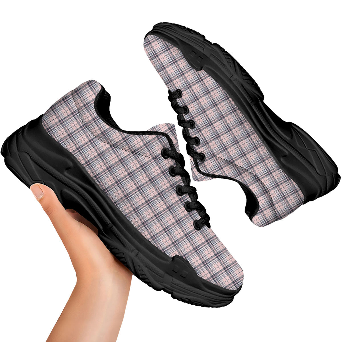 Pink Black And Blue Tartan Print Pattern Black Chunky Shoes-grizzshop
