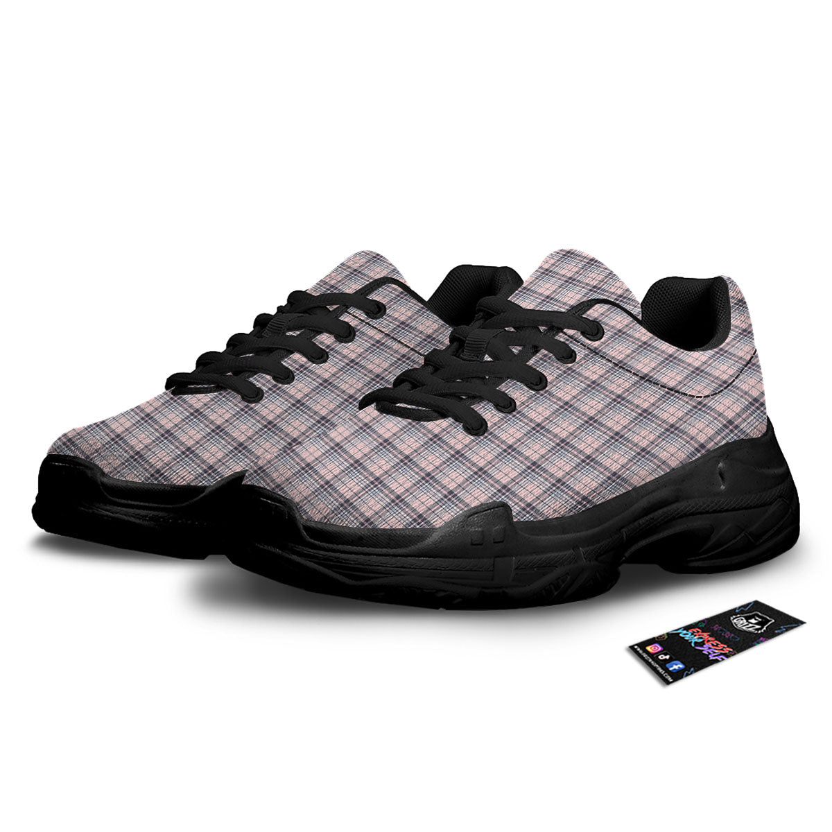 Pink Black And Blue Tartan Print Pattern Black Chunky Shoes-grizzshop