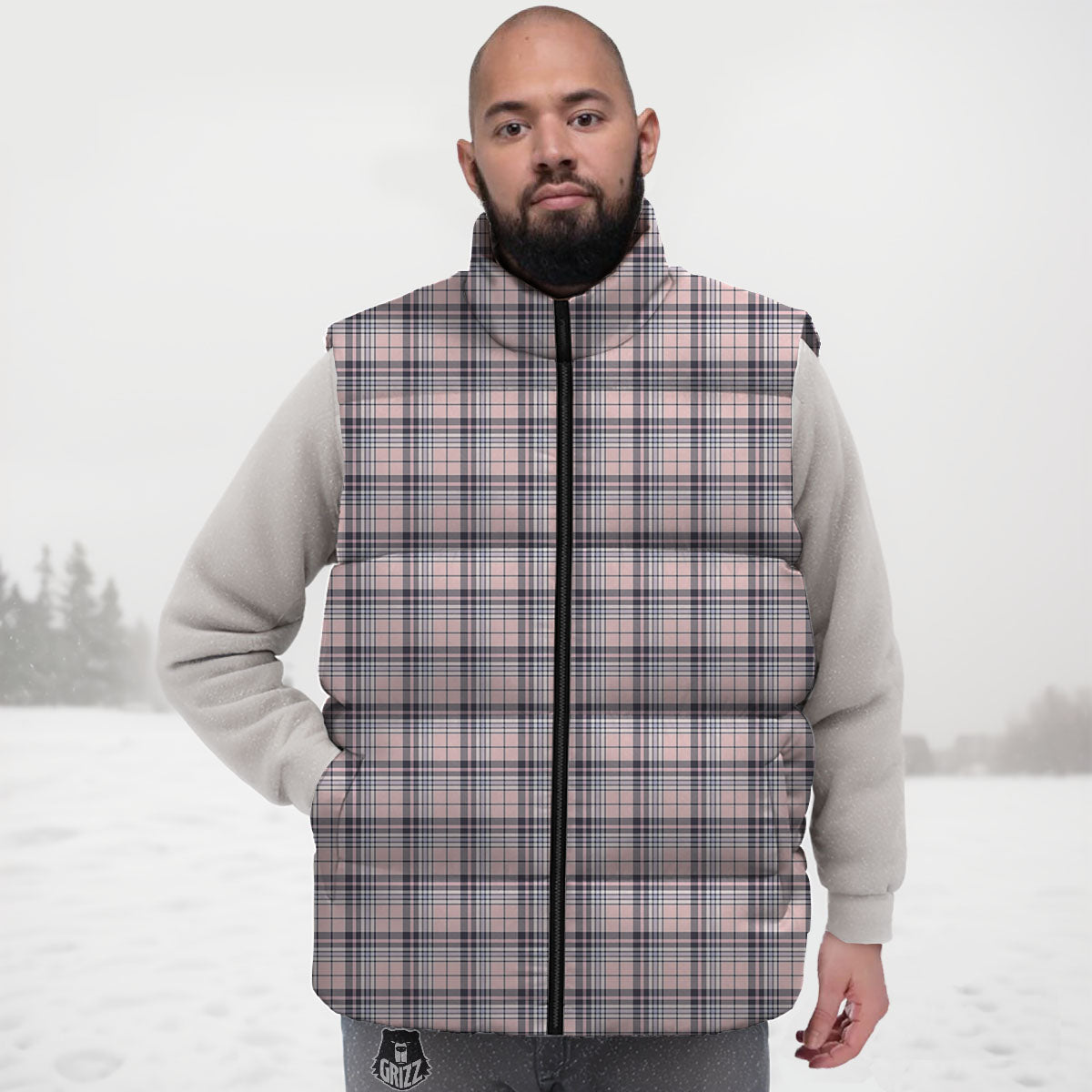 Pink Black And Blue Tartan Print Pattern Down Vest