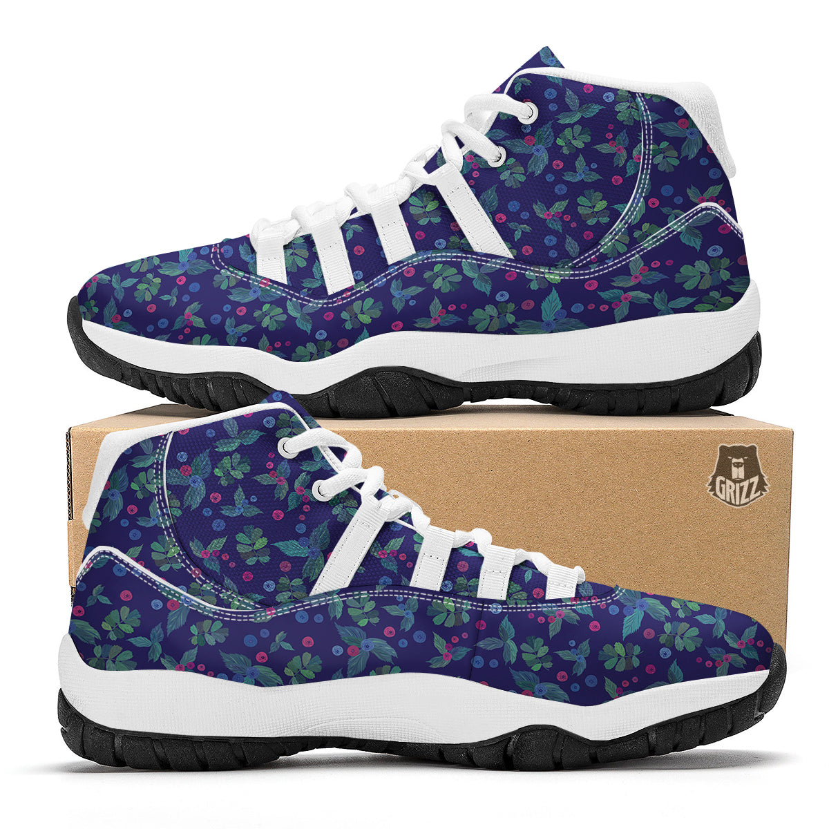 Pink Blueberry And Leaf Print Pattern White Bball Shoes-grizzshop
