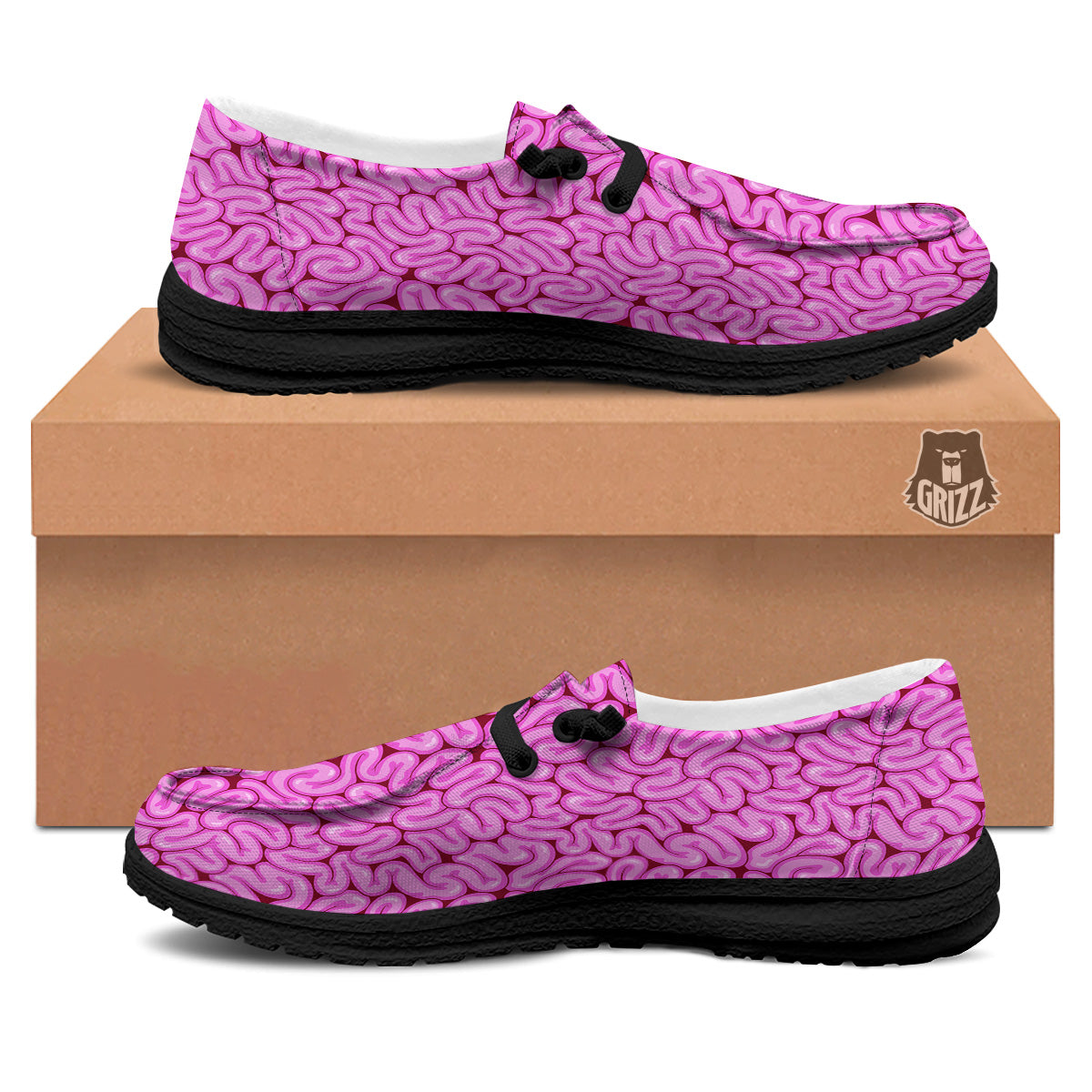 Pink Brains Cartoon Print Pattern Black Loafers-grizzshop