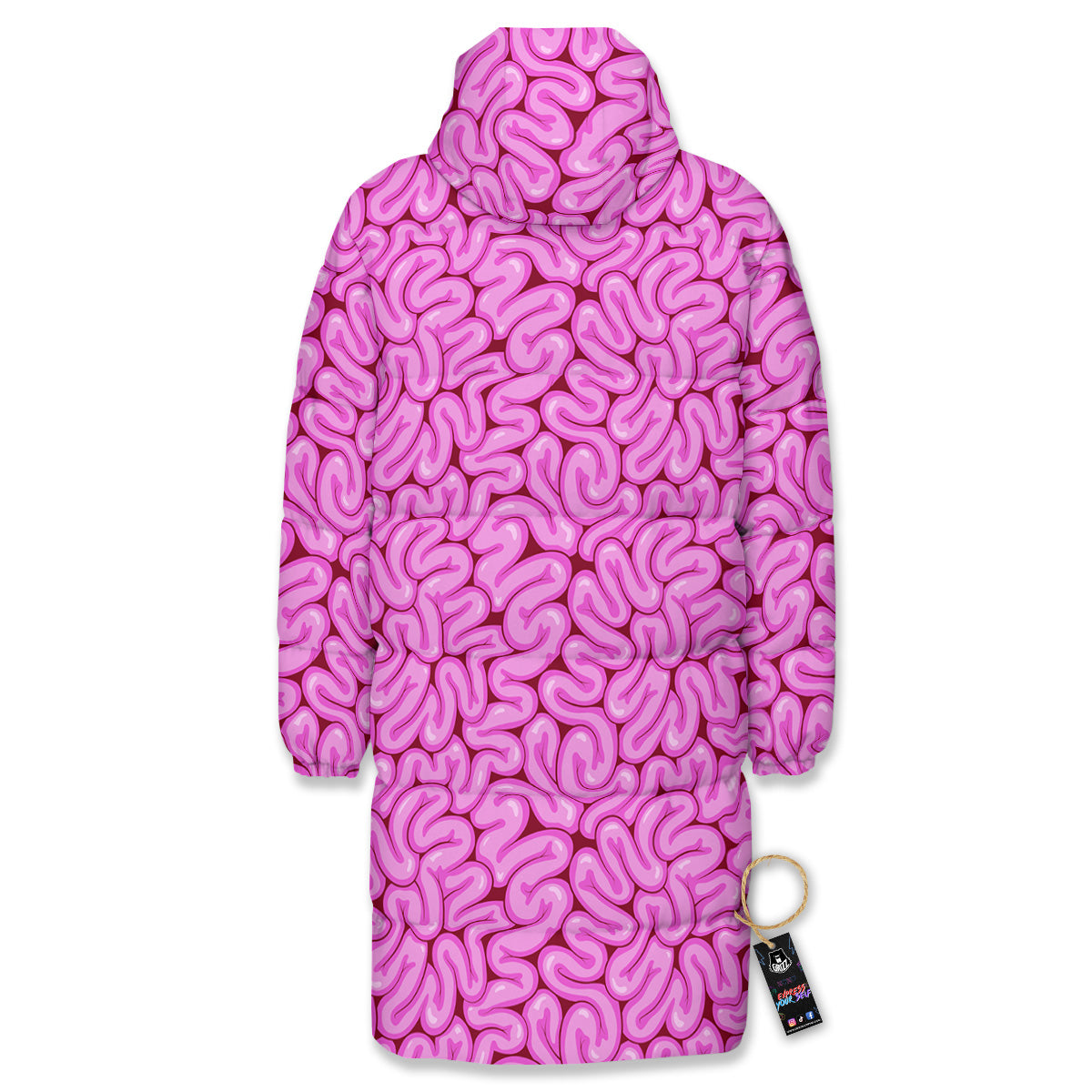 Pink Brains Cartoon Print Pattern Long Down Jacket-grizzshop