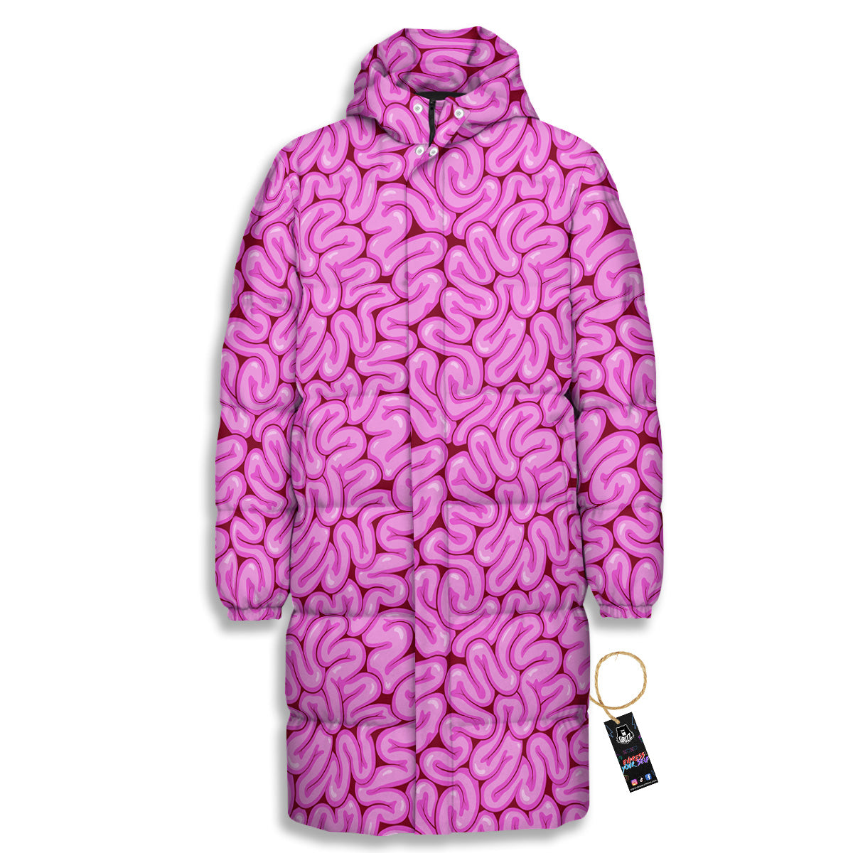 Pink Brains Cartoon Print Pattern Long Down Jacket-grizzshop