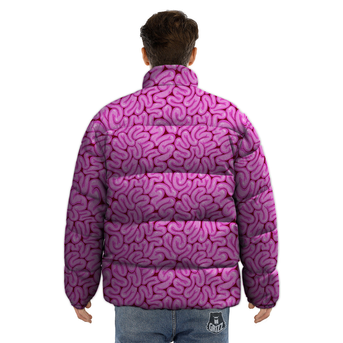 Pink Brains Cartoon Print Pattern Puffer Jacket-grizzshop