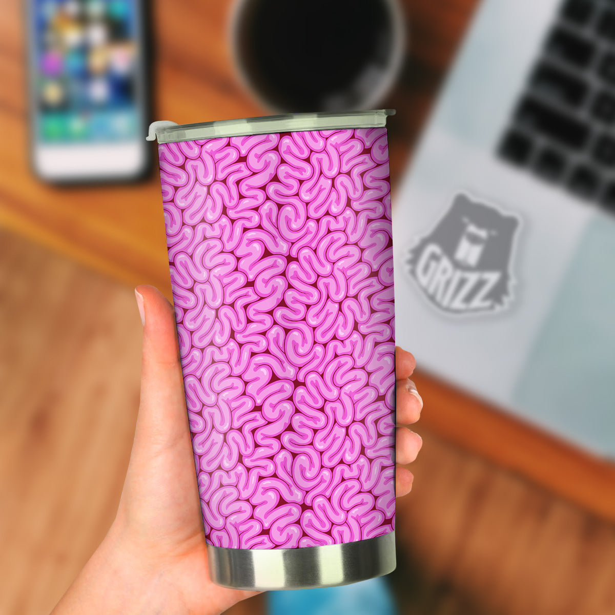 Pink Brains Cartoon Print Pattern Tumbler-grizzshop