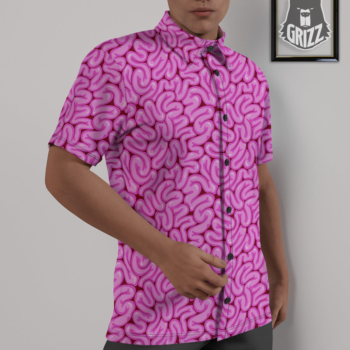 Pink Brains Cartoon Print Pattern Untucked Shirts-grizzshop