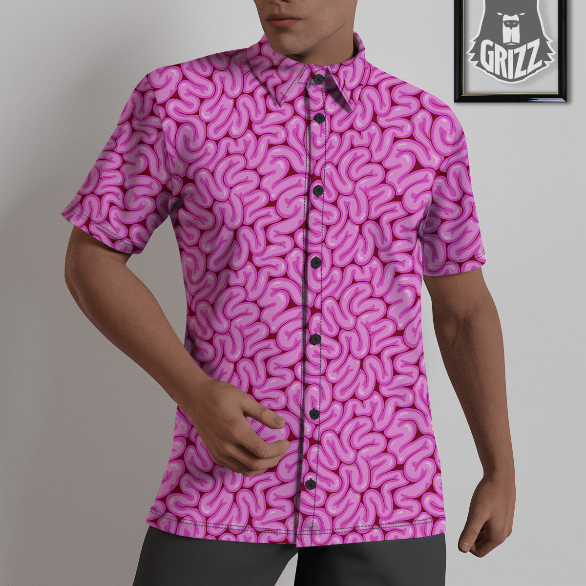 Pink Brains Cartoon Print Pattern Untucked Shirts-grizzshop