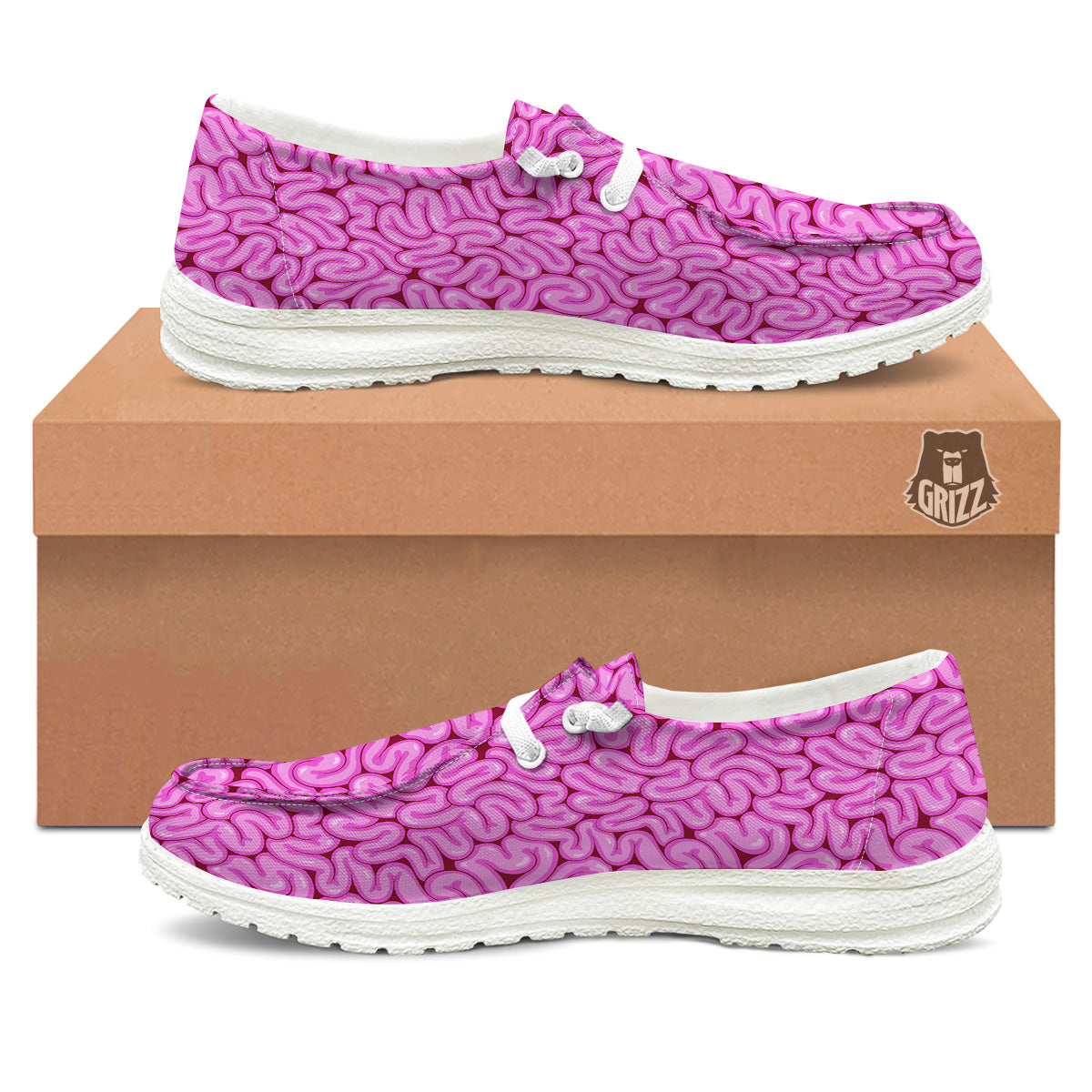 Pink Brains Cartoon Print Pattern White Loafers-grizzshop