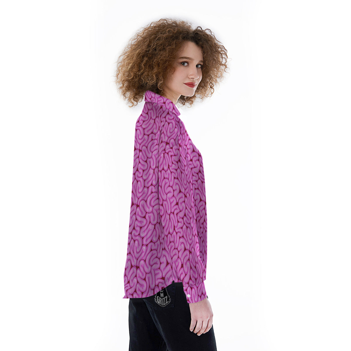 Pink Brains Cartoon Print Pattern Women's Long Sleeve Shirts-grizzshop