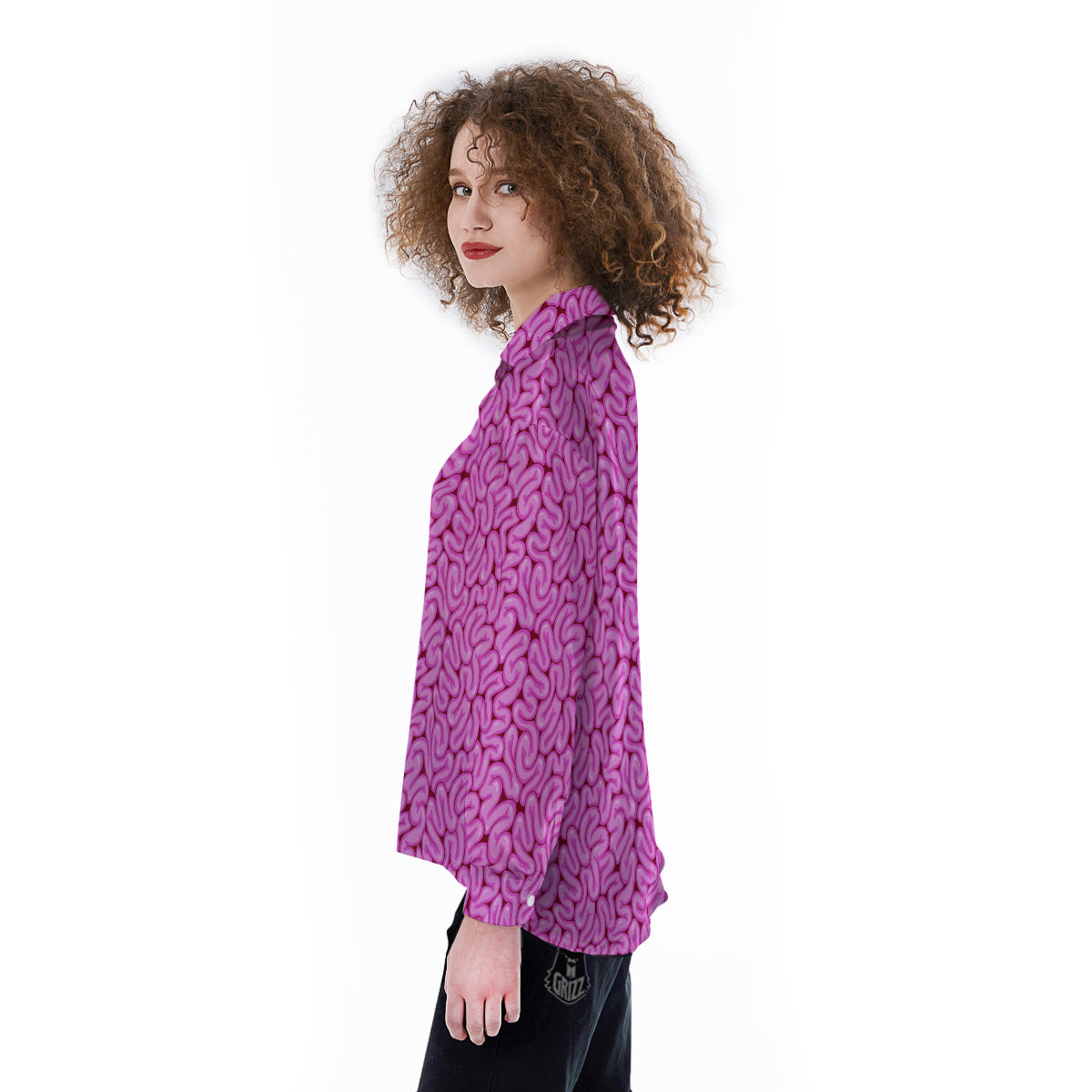 Pink Brains Cartoon Print Pattern Women's Long Sleeve Shirts-grizzshop
