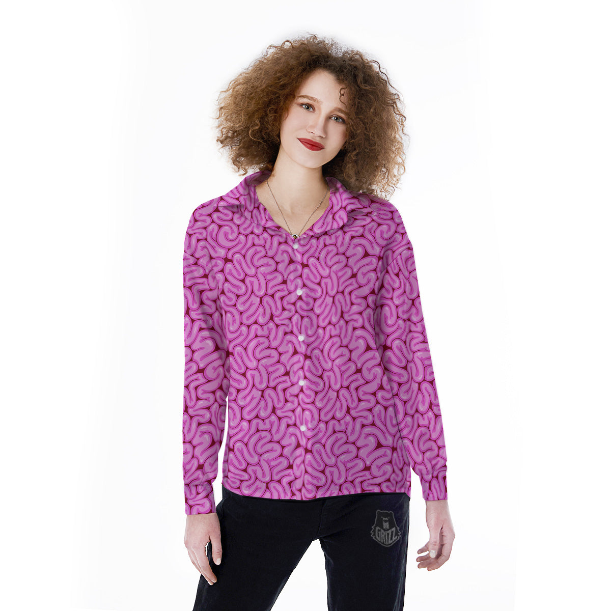 Pink Brains Cartoon Print Pattern Women's Long Sleeve Shirts-grizzshop