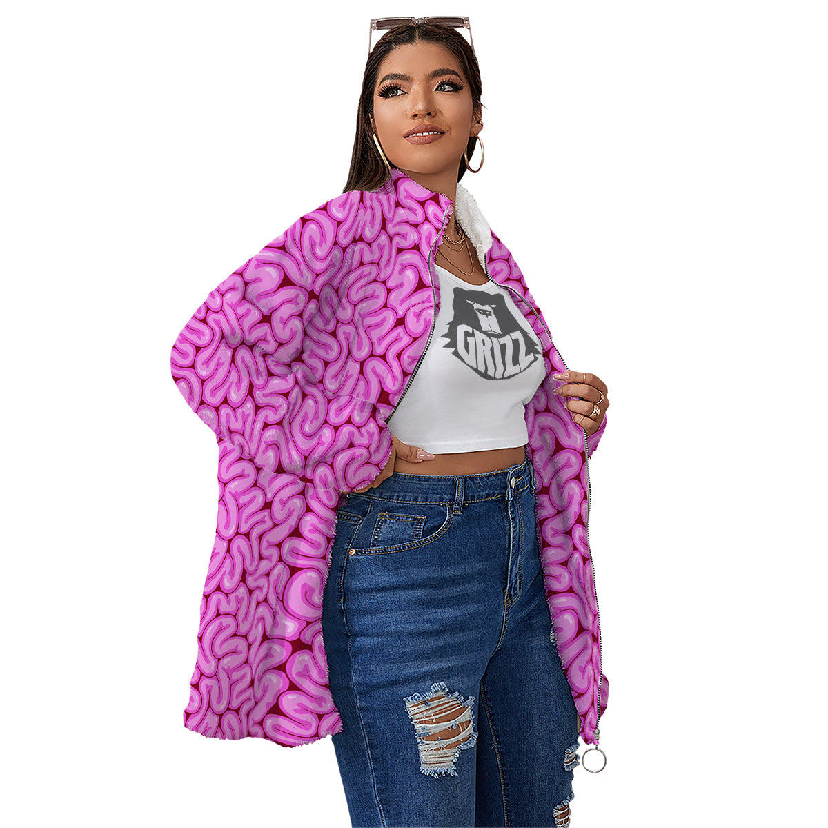 Pink Brains Cartoon Print Pattern Women's Sherpa Jacket-grizzshop