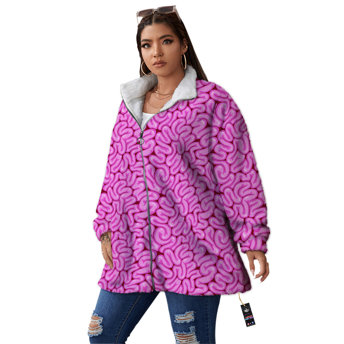 Pink Brains Cartoon Print Pattern Women's Sherpa Jacket-grizzshop